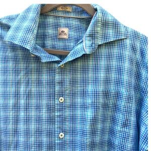Peter Millar L Blue Plaid Gingham Preppy Classic Colorful Business Casual Button